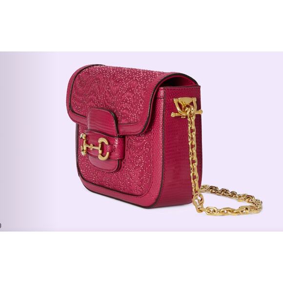 Gucci Mini 1955 Horsebit Pink Lizard Leather & Crystal Bag EXOTIC NIB - Picture 3 of 9